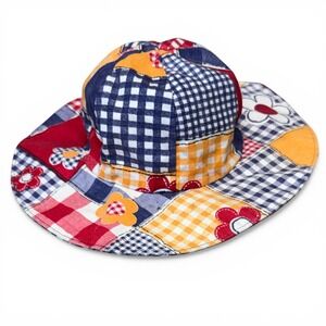 Vintage Style Patchwork Bucket Hat Gingham Floral Wide Brim Sun Hat boho